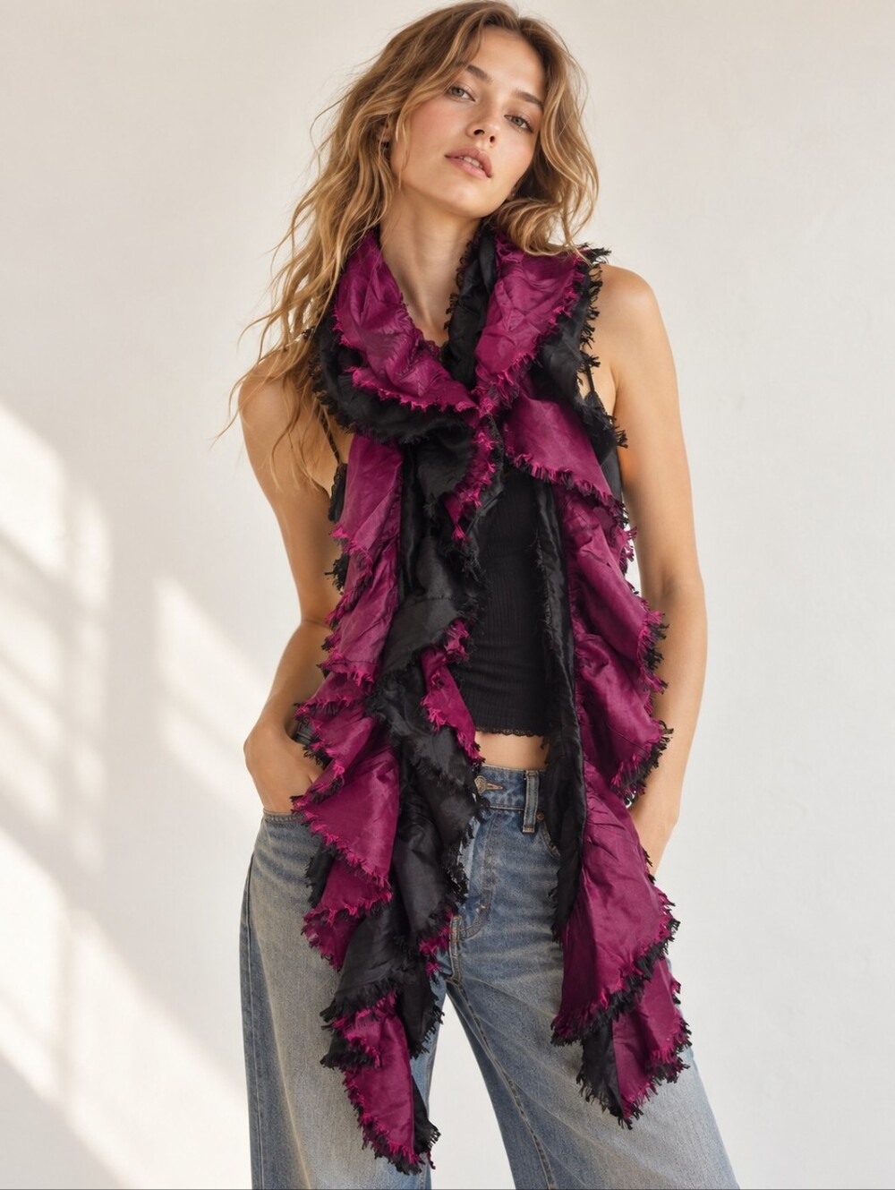 Y2K Magenta Black Ruffle Fringe Statement Scarf Boho Fairy Grunge